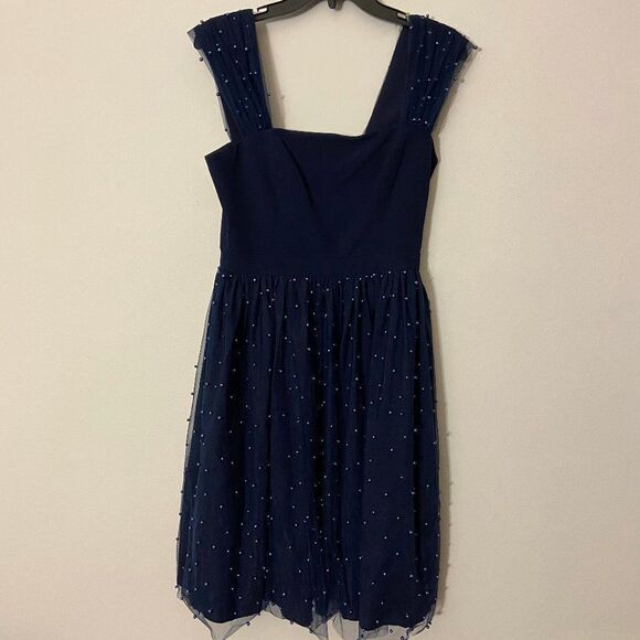 Gal Meets Glam Delores Navy Blue Pearled Tulle Skirt Dress NWT Womens 2 - Picture 2 of 8